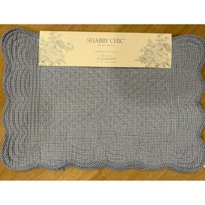 Shabby Chic 4 Placemats Blue & White Gingham Check Scalloped Edges Reversible